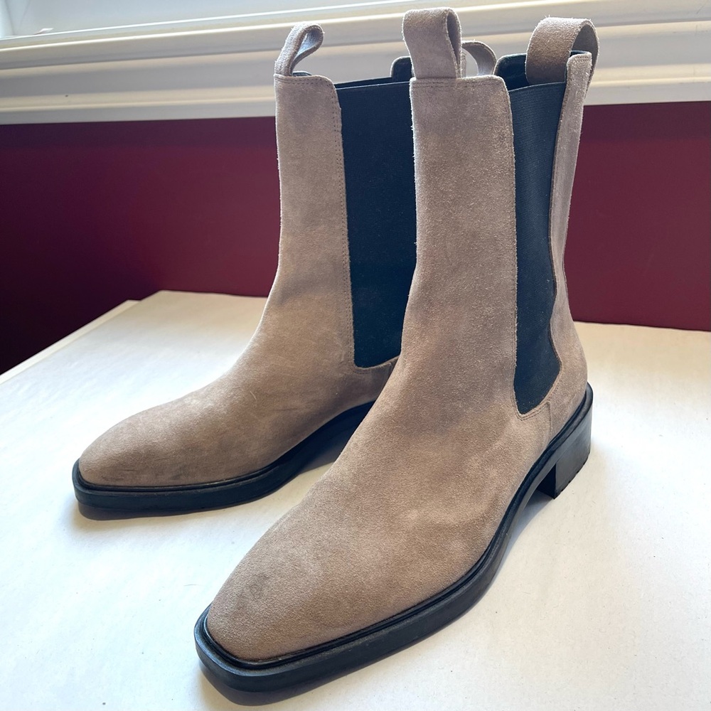 Aeyde Taupe Suede Chelsea Ankle Boots with Black Elastic